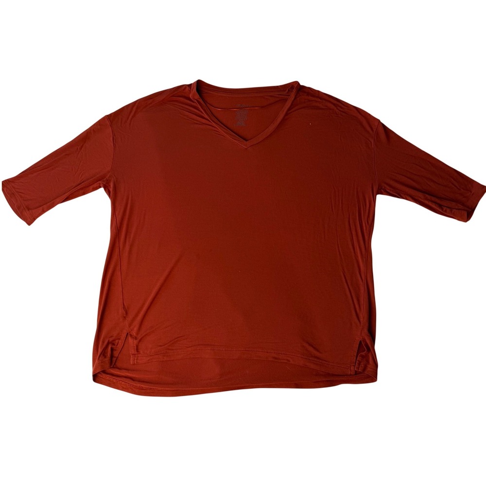 George V-Neck‎ Top Rust Orange Elbow Sleeve Relaxed Fit Minimalist Basic Large